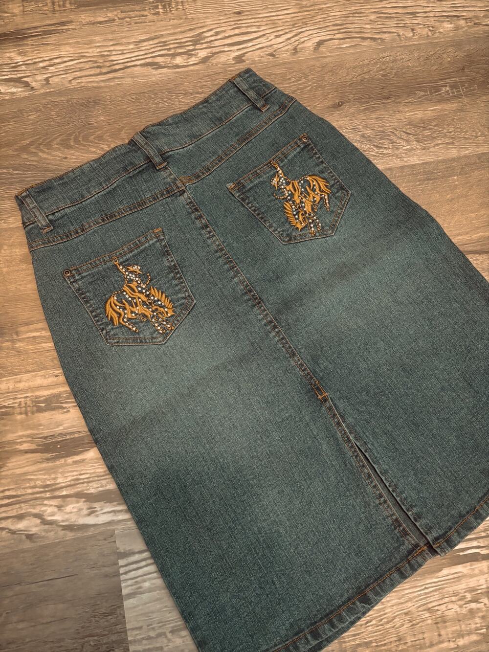 vintage deadstock denim skirt rhinestone rodeo bronc